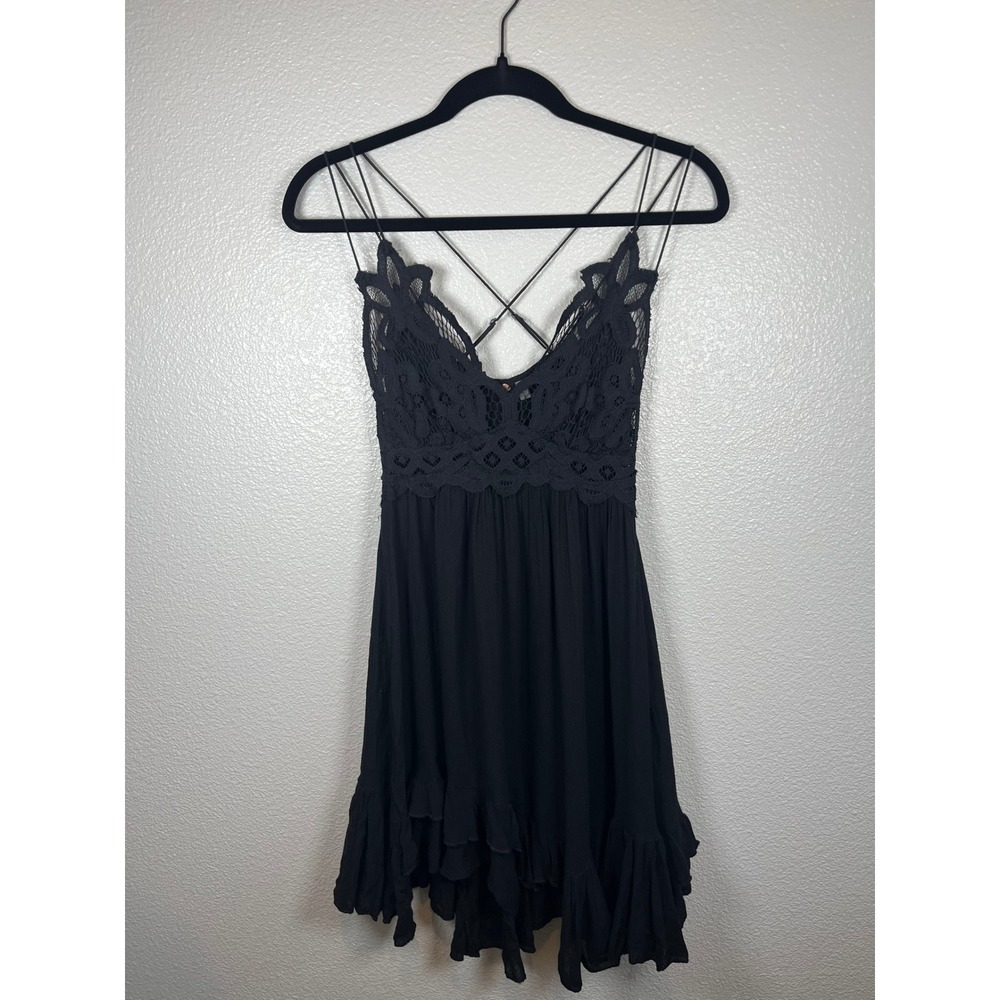 Free People FP One Adella Slip Dress Crochet Lace Ruffle Mini Black Small - Picture 4 of 11